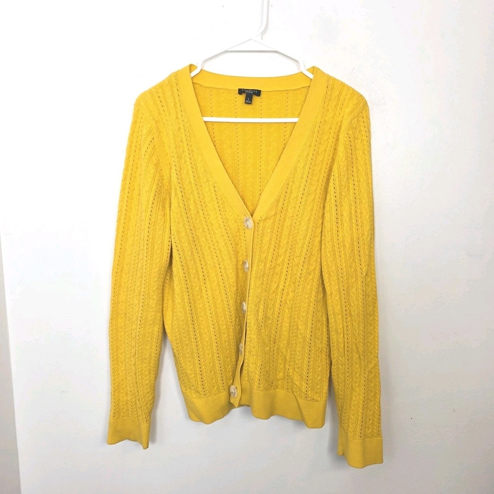 Talbots Yellow Pointelle V-Neck Classic Cotton Preppy Twee Mature Cardigan Sz L - Picture 2 of 7